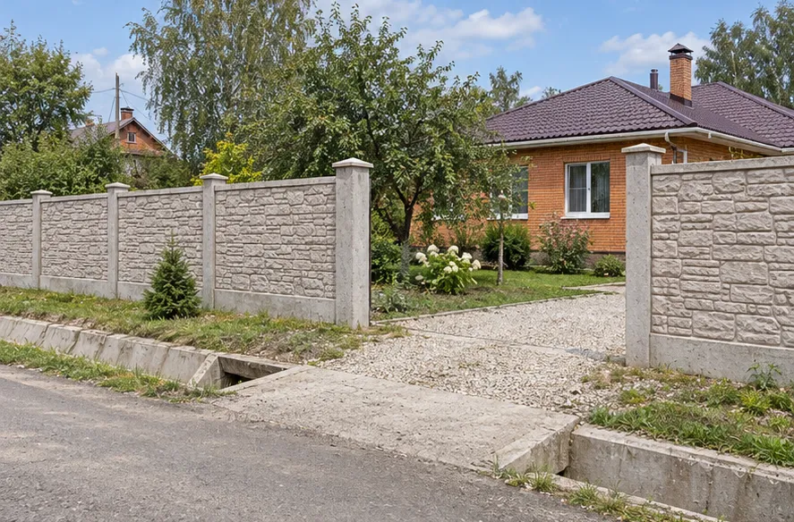 Декоративные бетонные панели с каменной фактурой перед частным домом и садом. Пример для выбора забора в Рязани.